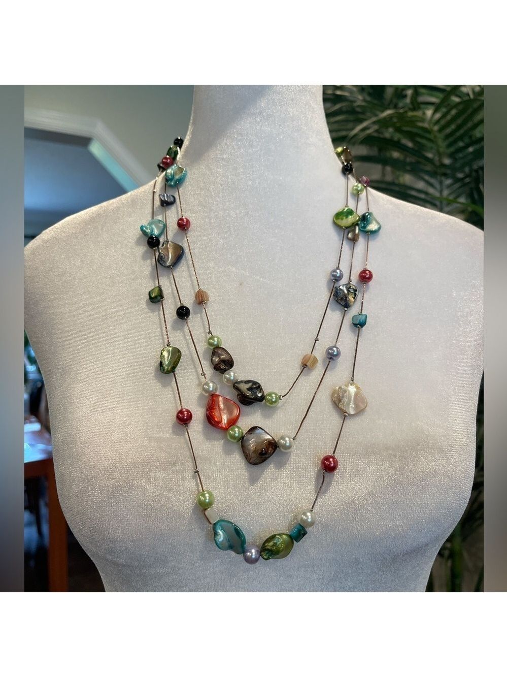 Artisan Shell Bead Multistrand Necklace 15” Drop Boho Art-to-Wear